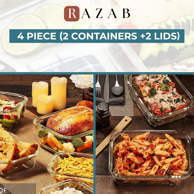 Razab 6.5 Cups / 52 Oz 4 Piece (2 Containers + 2 Lids) Glass Food Storage Containers Set with Airtight Locking Lids - For Storing, Baking & Serving BPA Free, Leakproof - Microwave, Freezer & Oven Safe - Image 5